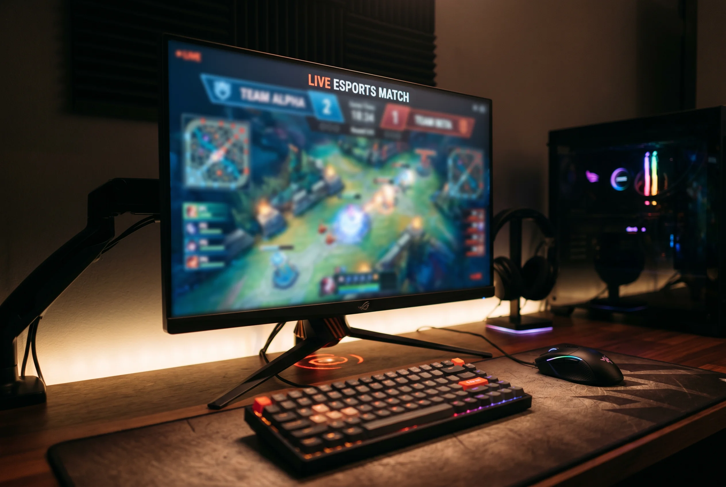 Pantalla de apuesta en vivo sobre un partido de eSports con cuotas y logotipo de Bitcoin