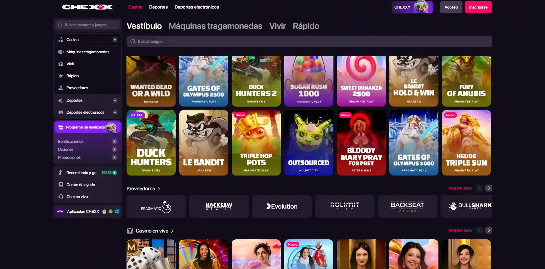Lobby CHEXX con categorías filtros y numerosos títulos de casino