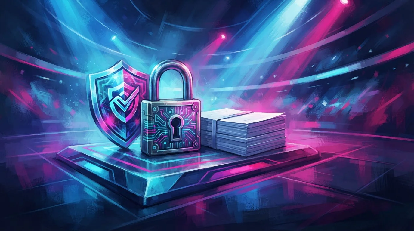 Candado escudo y documentos representan las reglas de seguridad CHEXX