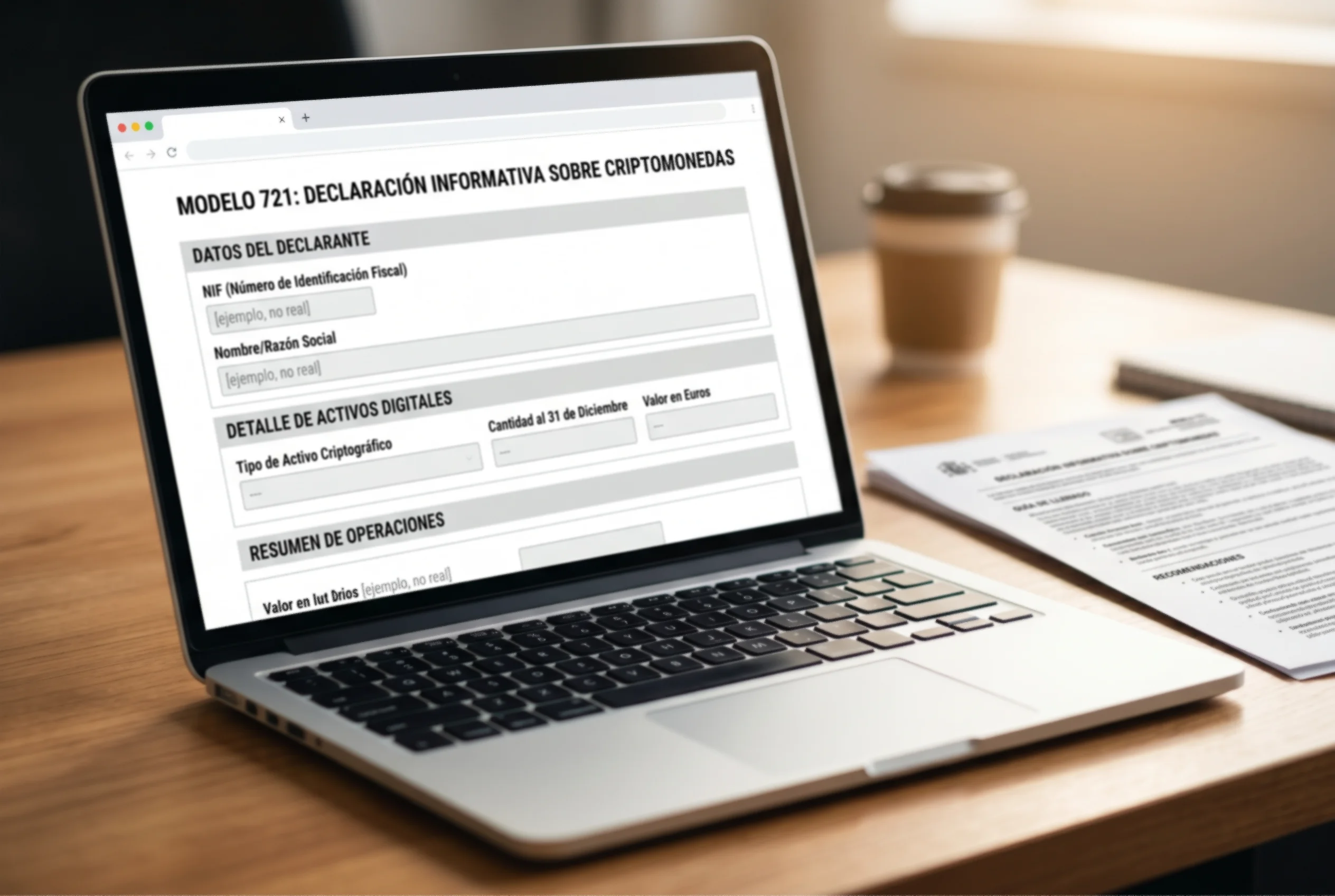 Formulario digital del Modelo 721 con secciones de saldos cripto y valoración a 31 de diciembre