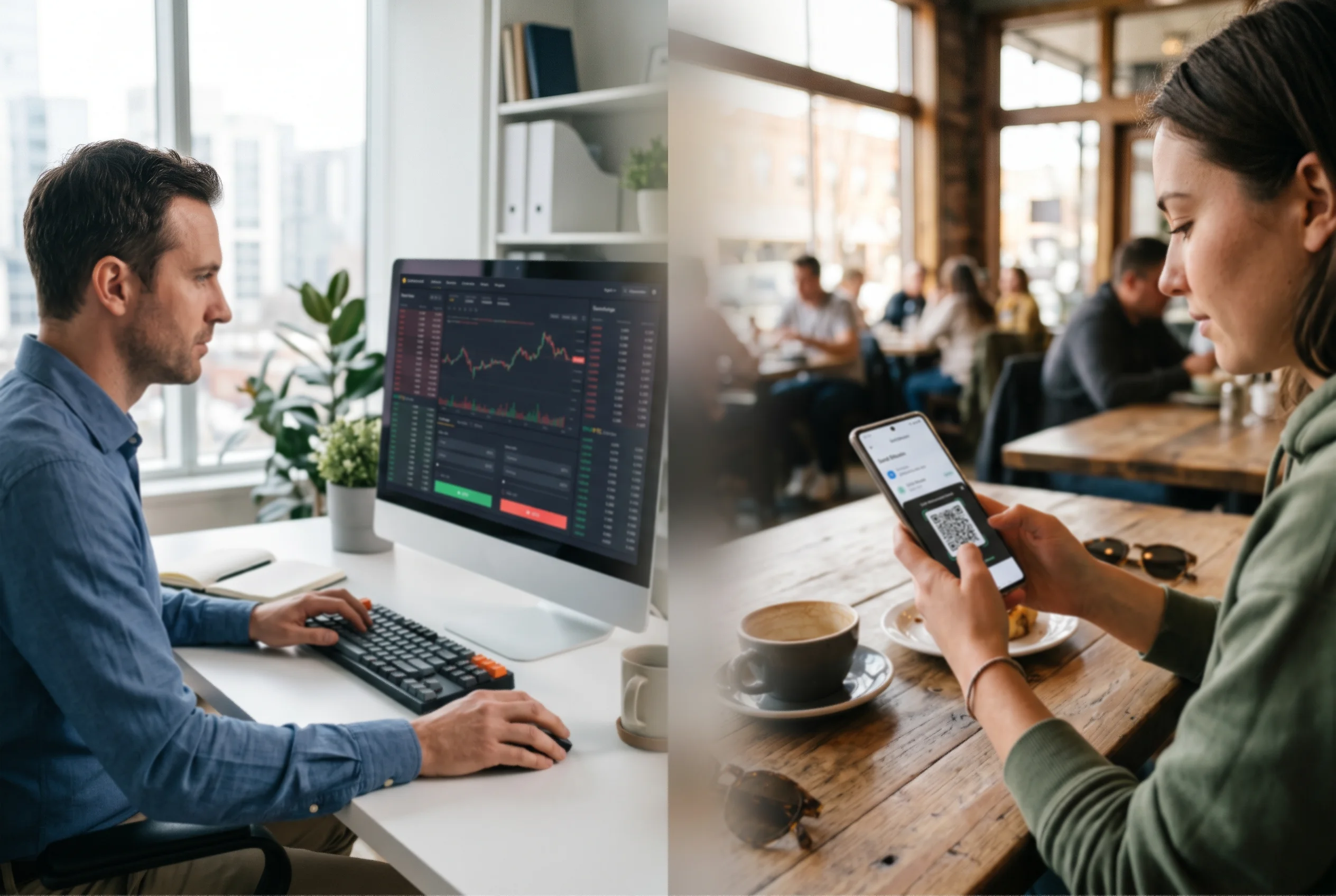Comparativa visual entre interfaz de exchange regulado y transferencia P2P entre carteras