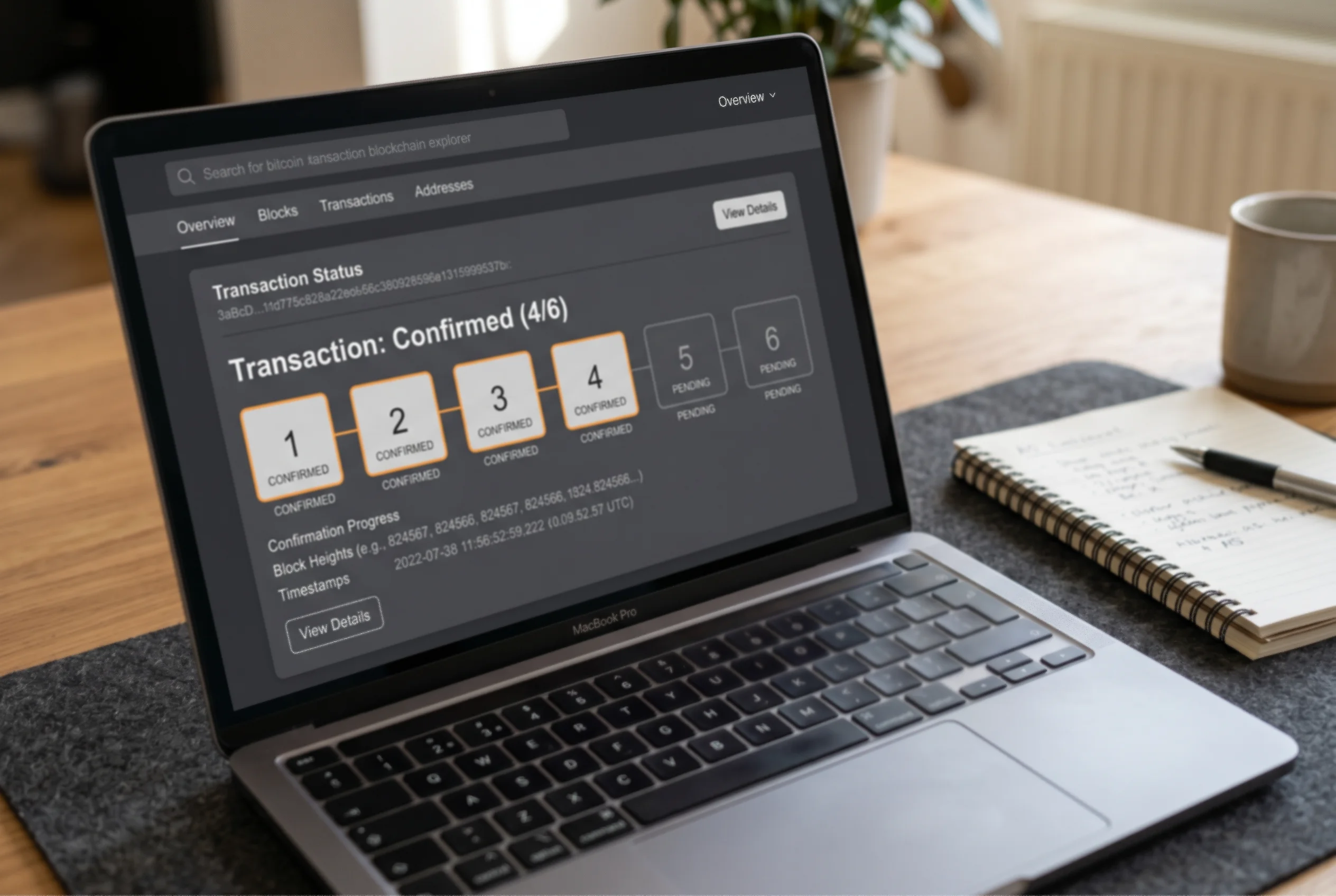 Visualización de bloques de Bitcoin confirmando una transacción de depósito