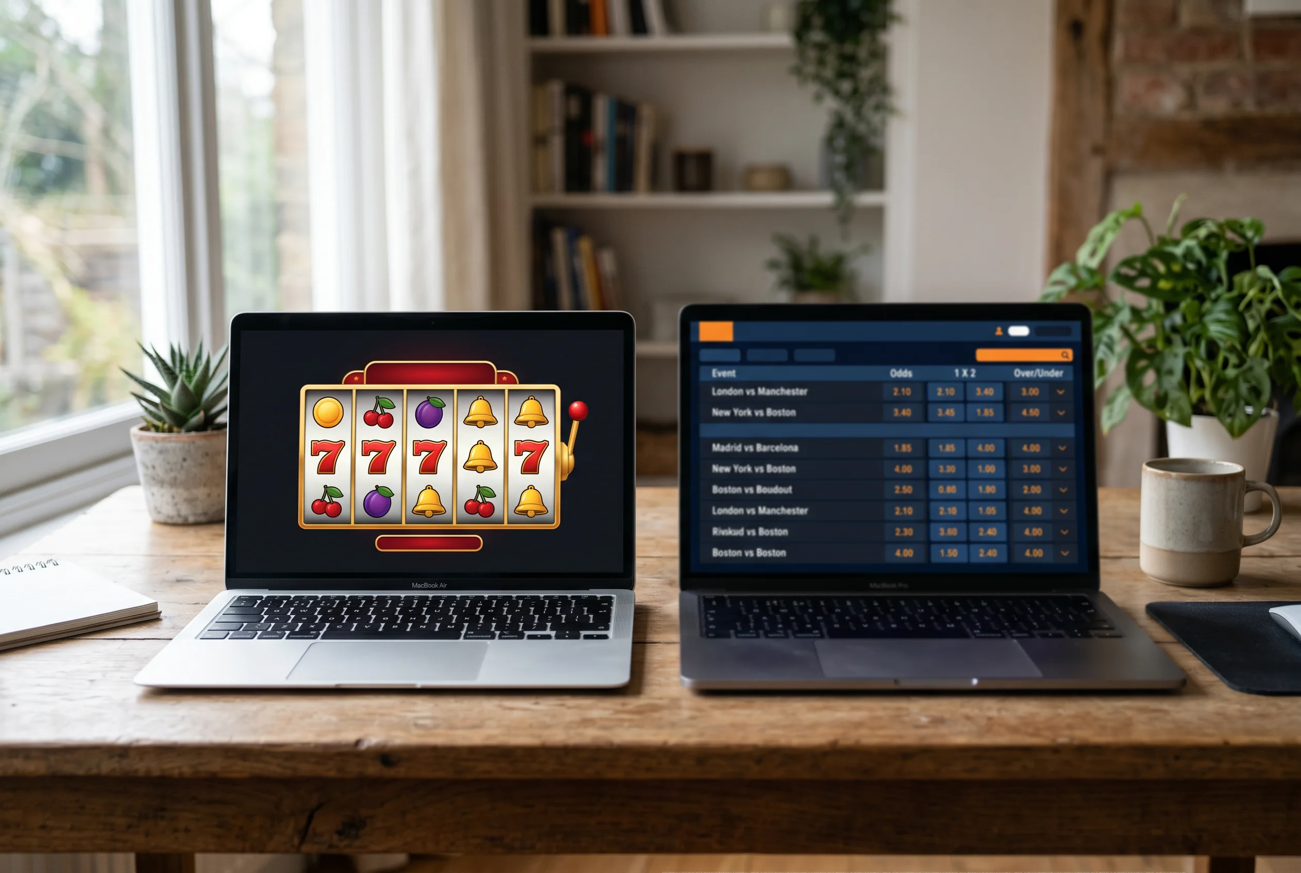 Interfaz dividida comparando juego de casino con slots y panel de apuestas deportivas