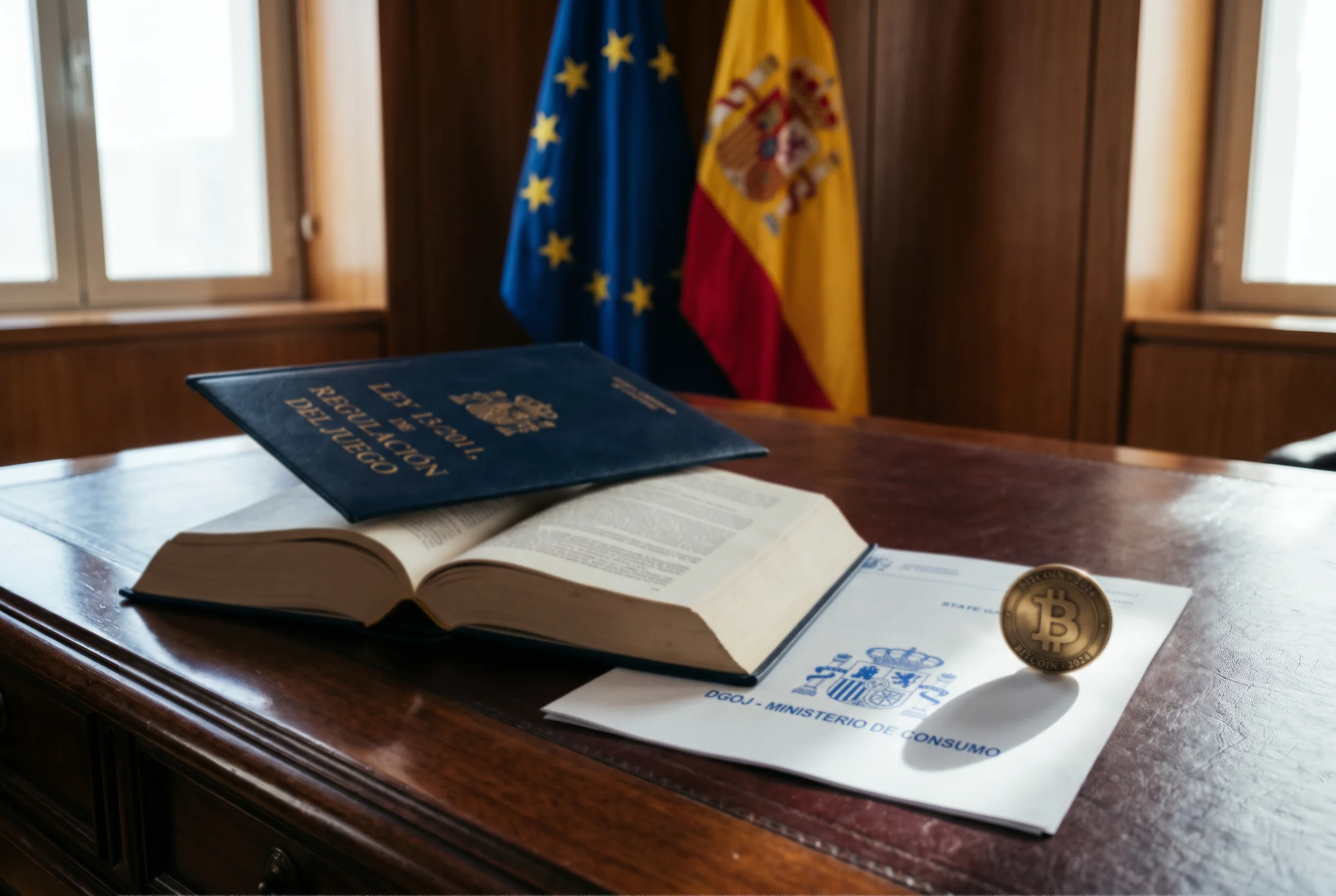 Esquema del marco legal español sobre apuestas con Bitcoin con referencias a DGOJ y MiCA