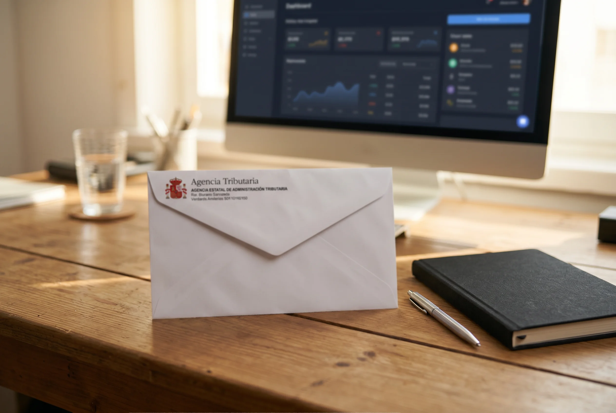 Sobre oficial de la Agencia Tributaria sobre mesa con monitor mostrando movimientos cripto