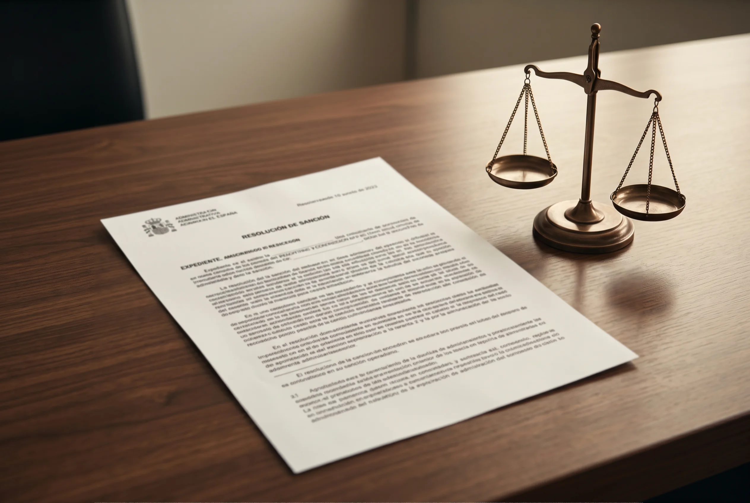 Resolución sancionadora en mesa junto a balanza de justicia y símbolo de Bitcoin